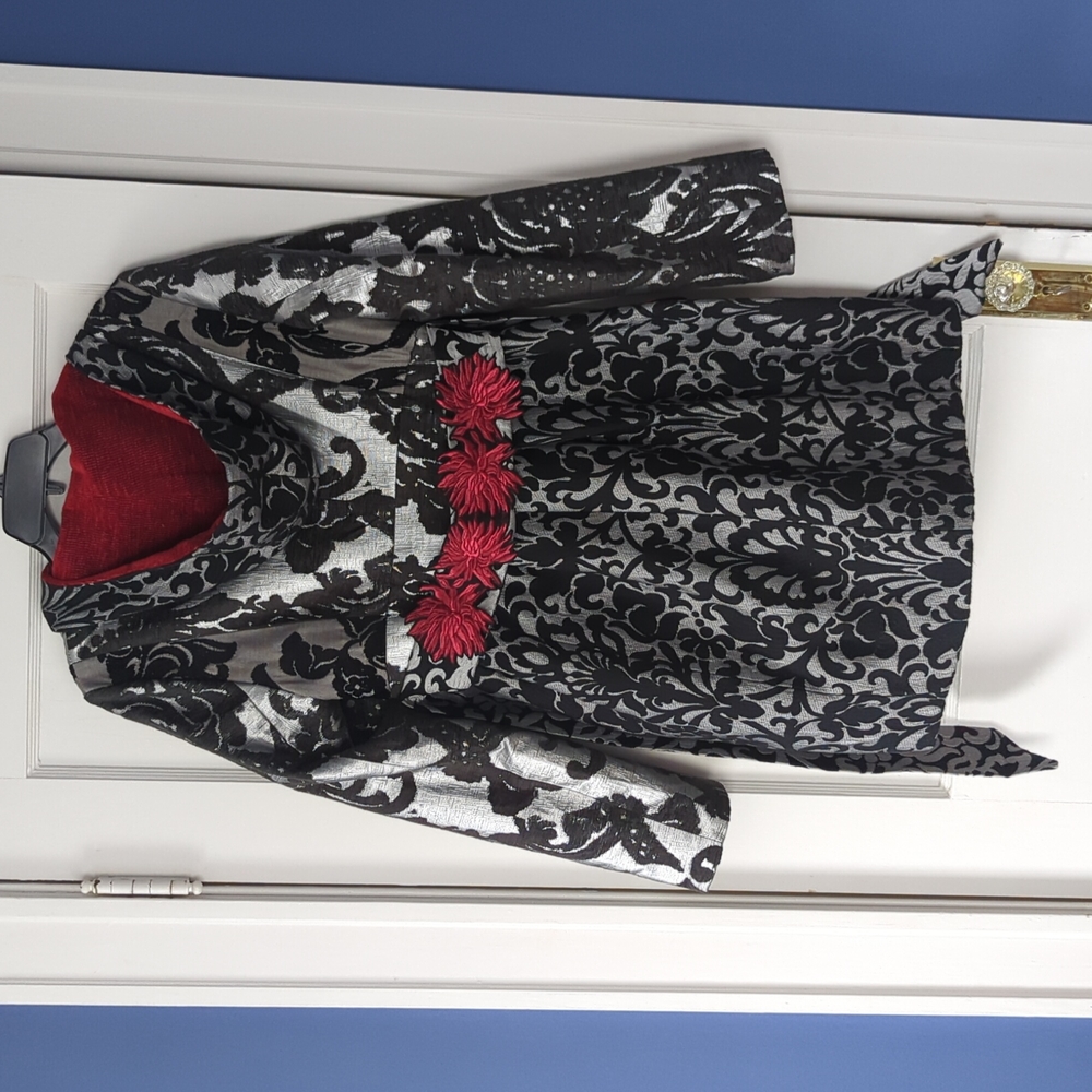 Desigual Brocade Floral Black and Silvery White Belted Coat - glamourous! Sz 42